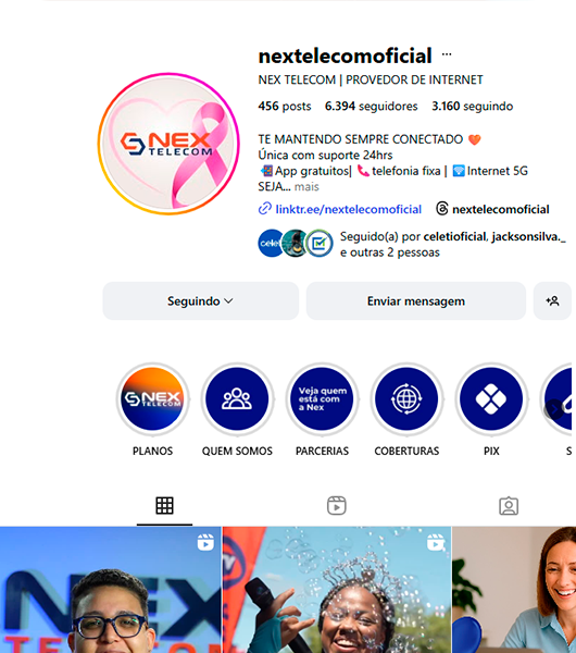 Perfil da Nex nas redes sociais